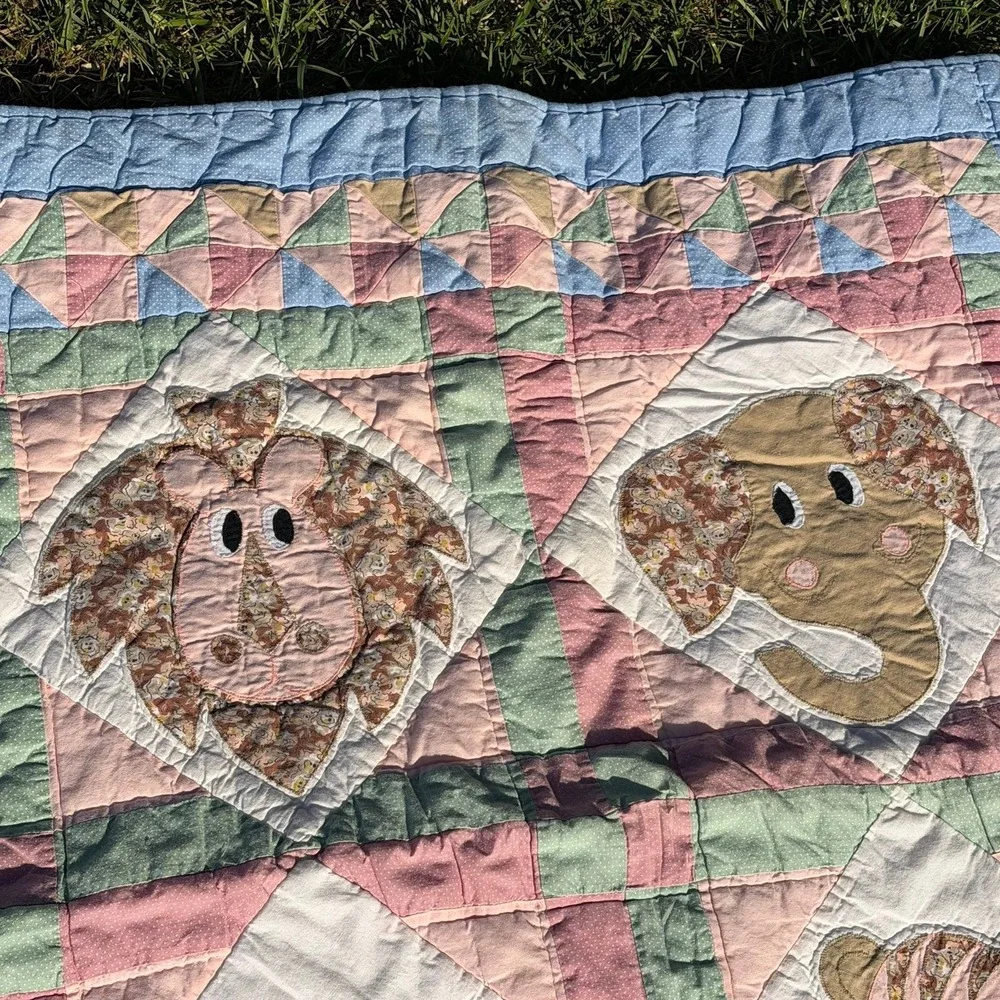 Vintage Baby Quilt Animal Patchwork Elephant Lion Pastel Crib Blanket